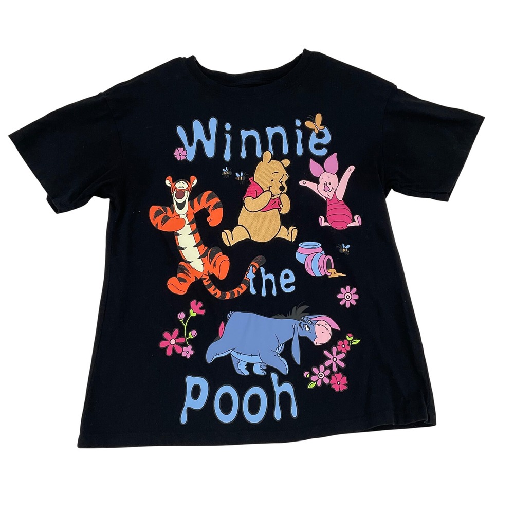 Disney‎ Winnie the Pooh Tigger Piglet Eeyore Black Graphic T-Shirt Medium Hybrid